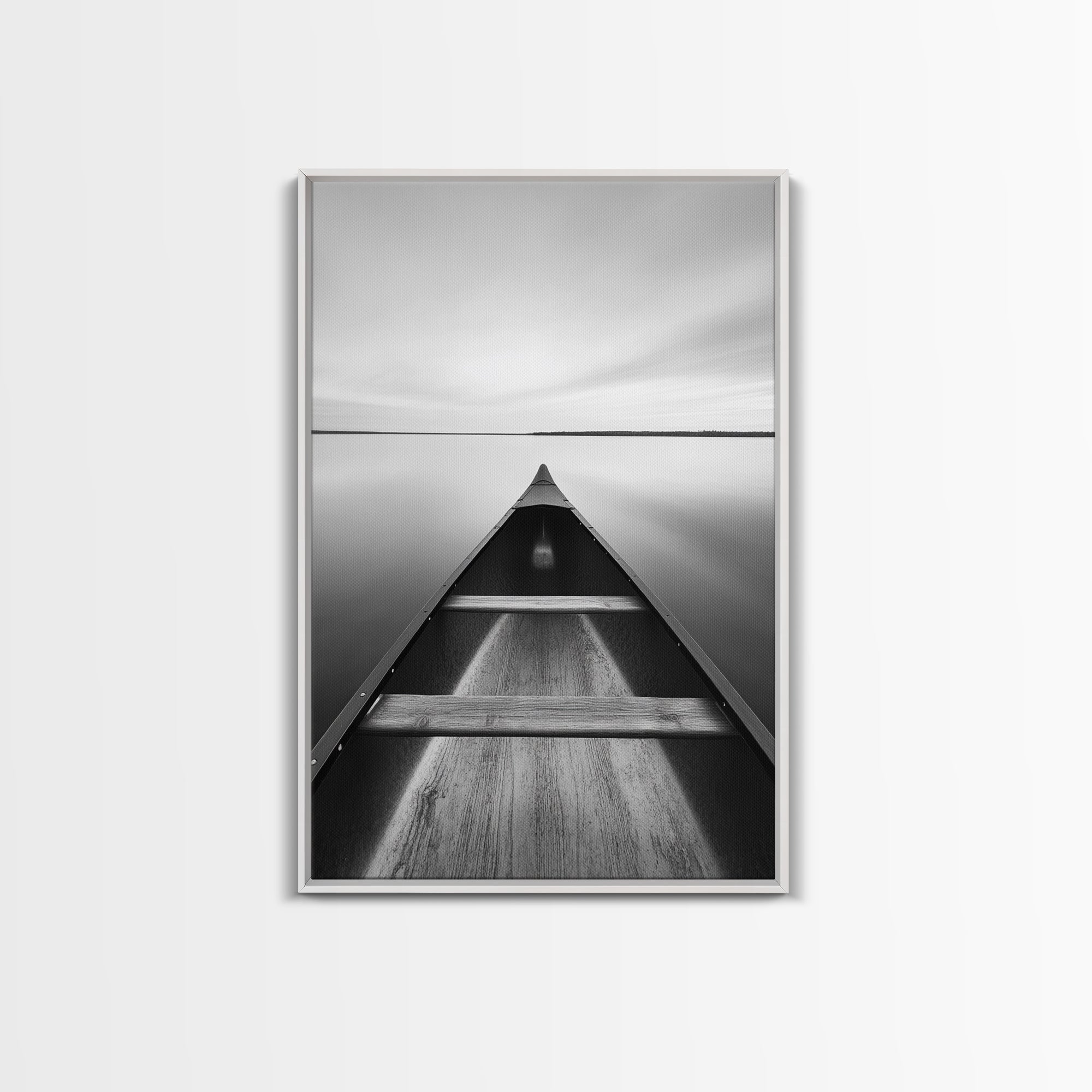 Canoe, Lake, Calm, Horizon - Minimalist lake paddle scene, Framed Canvas Print, peaceful home office art, Scandinavian decor, wilderness print White Frame