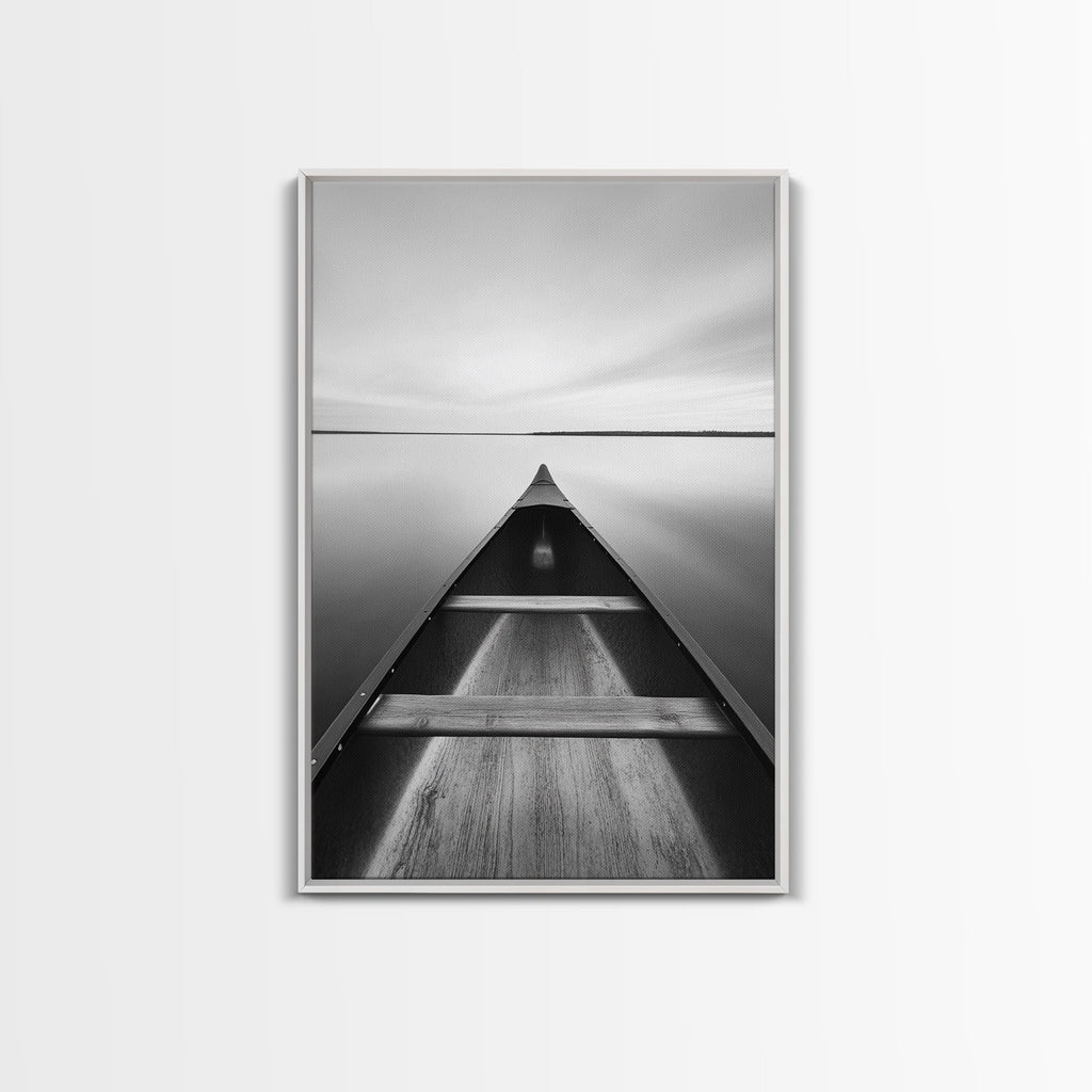 Canoe, Lake, Calm, Horizon - Minimalist lake paddle scene, Framed Canvas Print, peaceful home office art, Scandinavian decor, wilderness print White Frame