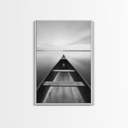 Canoe, Lake, Calm, Horizon - Minimalist lake paddle scene, Framed Canvas Print, peaceful home office art, Scandinavian decor, wilderness print White Floater