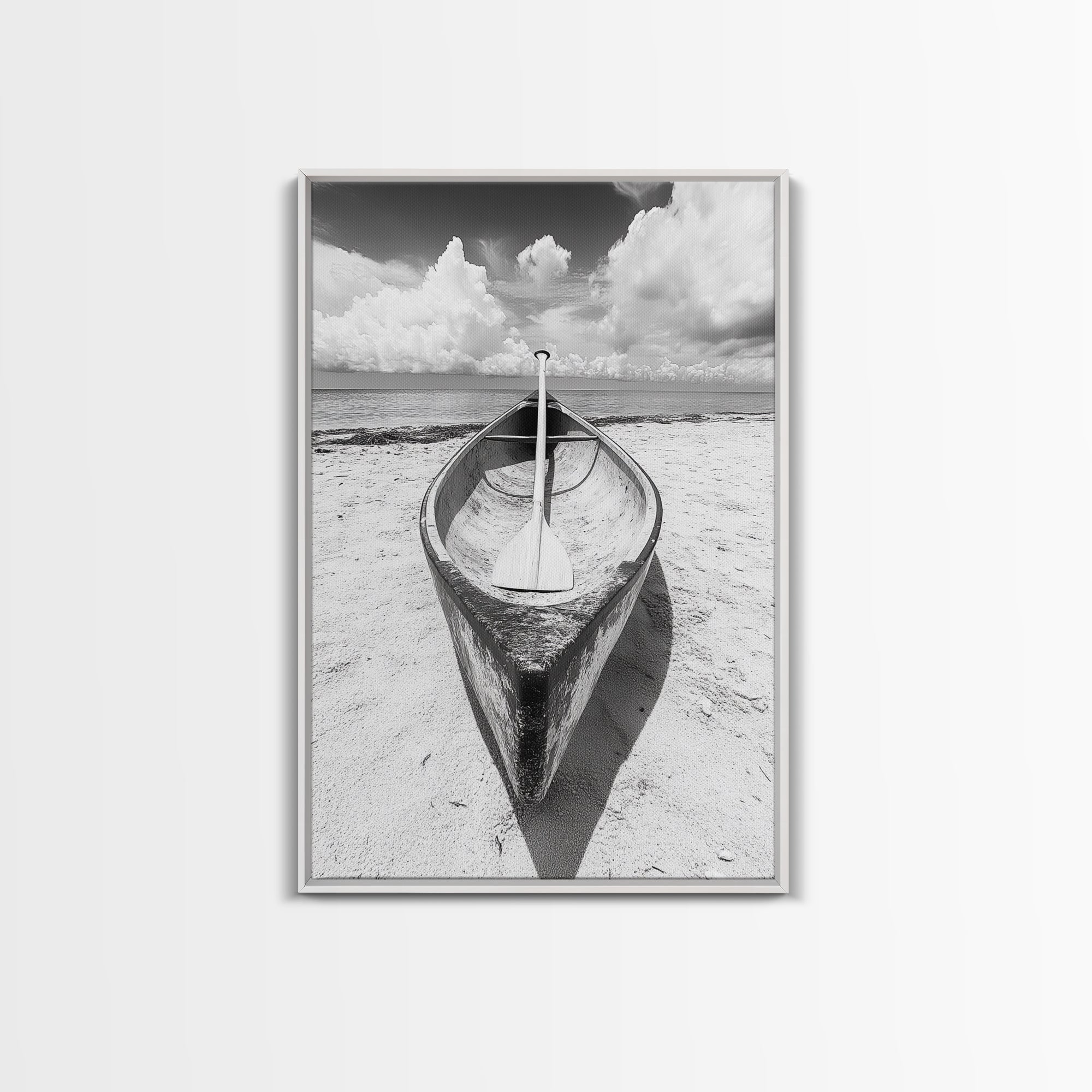 Paddle, Canoe, Beach, Clouds - Summer boating scene, Canvas Print, ideal bathroom or guestroom nautical art, rustic coastal boho wall decor White Frame