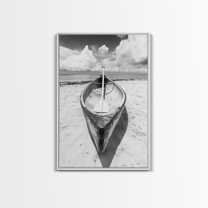 Paddle, Canoe, Beach, Clouds - Summer boating scene, Canvas Print, ideal bathroom or guestroom nautical art, rustic coastal boho wall decor White Floater