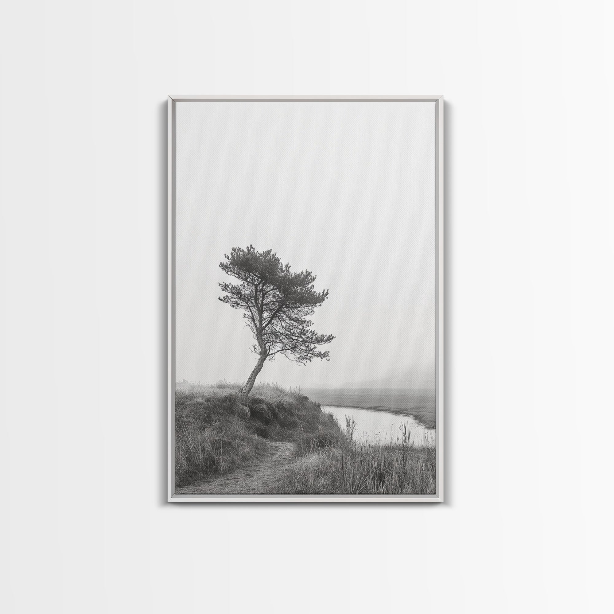 Leaning Tree Path, Soft Fog Scene, Calm Landscape, Canvas Print, Serene Entryway Wall Art, Nature Photography, Minimalist Decor White Frame