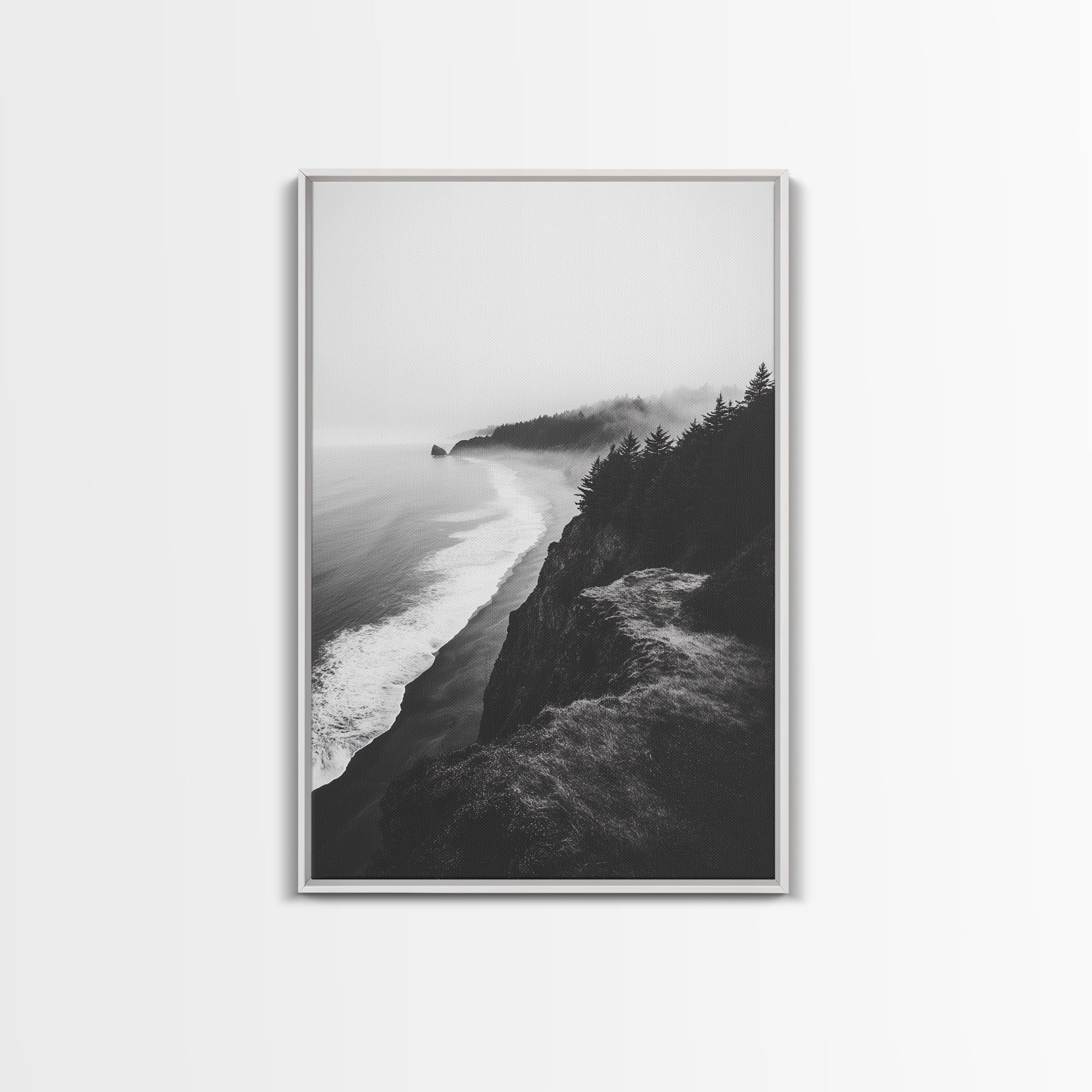Misty Coastline, Pine Forest, Foggy Morning, Framed Canvas Print, Moody Nature Decor, Living Room Wall Art, Monochrome Style White Frame