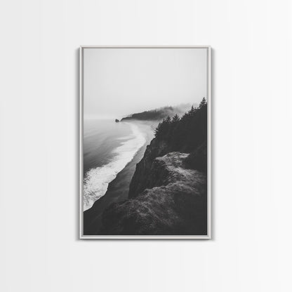 Misty Coastline, Pine Forest, Foggy Morning, Framed Canvas Print, Moody Nature Decor, Living Room Wall Art, Monochrome Style White Floater