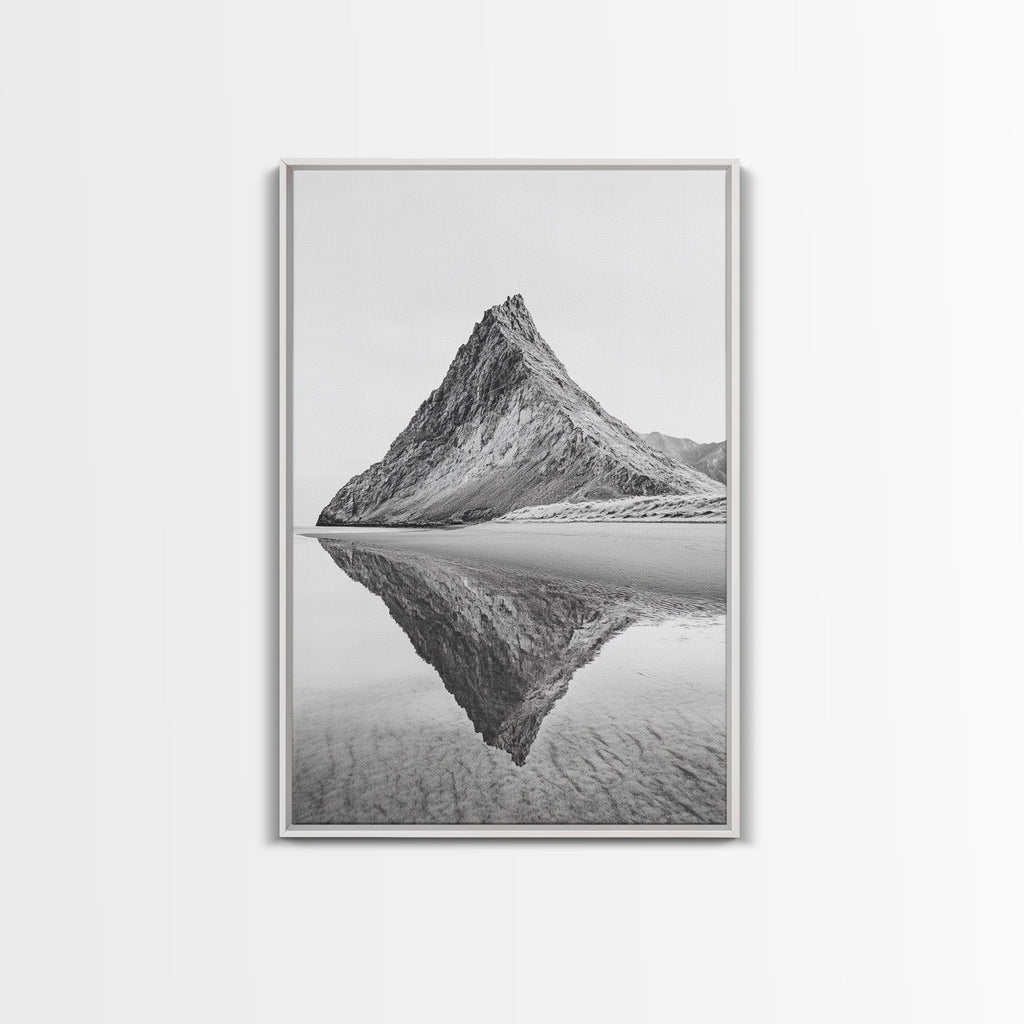 Mountain Mirror, Coastal Peak, Serene Beach, Canvas Print, Minimalist Landscape Art, Modern Living Room Wall Decor, Monochrome Nature Style White Frame