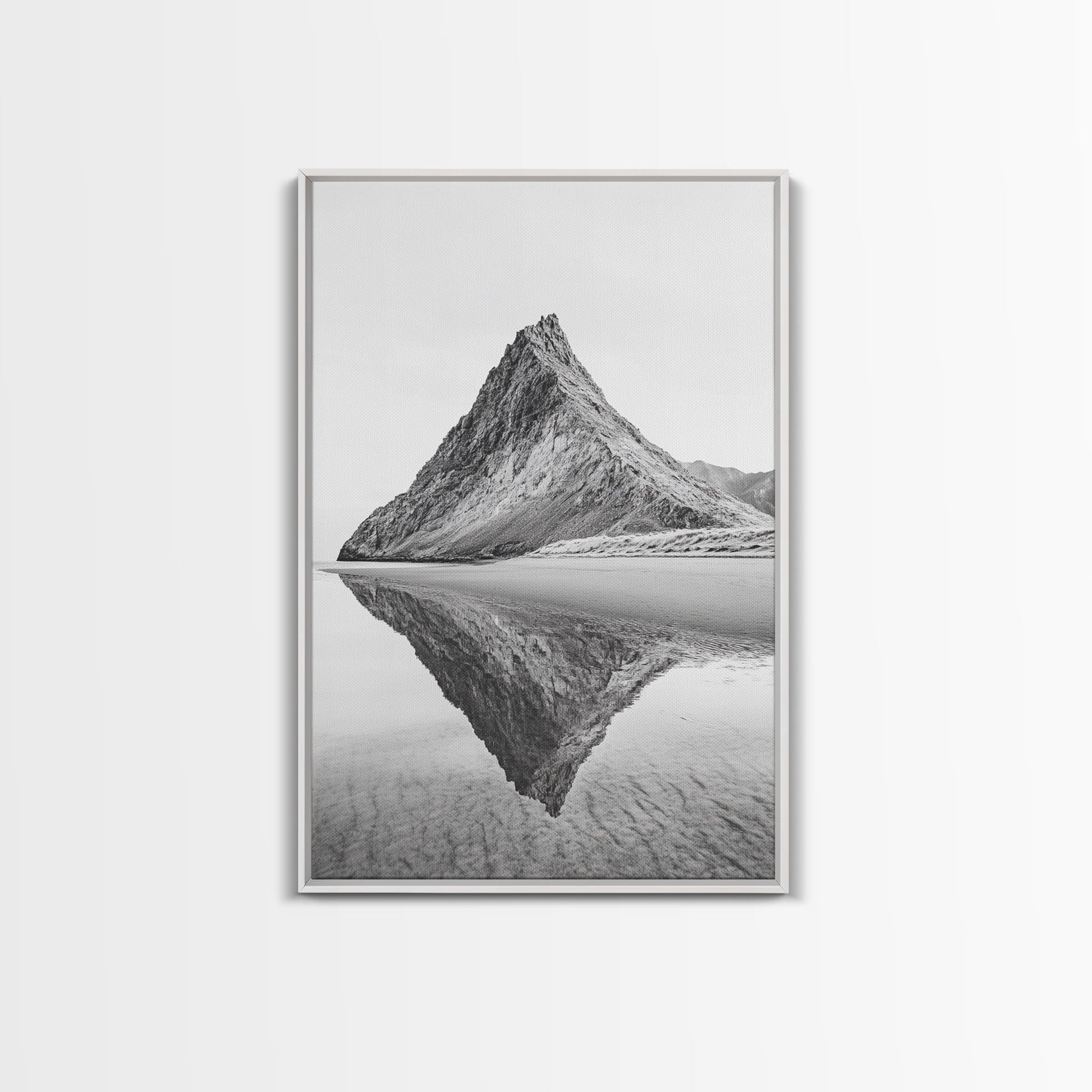 Mountain Mirror, Coastal Peak, Serene Beach, Canvas Print, Minimalist Landscape Art, Modern Living Room Wall Decor, Monochrome Nature Style White Floater