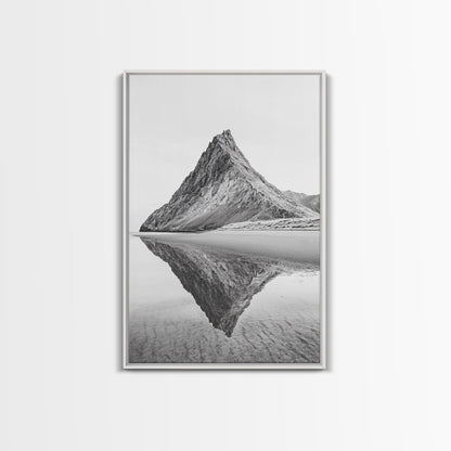 Mountain Mirror, Coastal Peak, Serene Beach, Canvas Print, Minimalist Landscape Art, Modern Living Room Wall Decor, Monochrome Nature Style White Floater