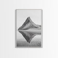 Mountain Mirror, Coastal Peak, Serene Beach, Canvas Print, Minimalist Landscape Art, Modern Living Room Wall Decor, Monochrome Nature Style White Frame