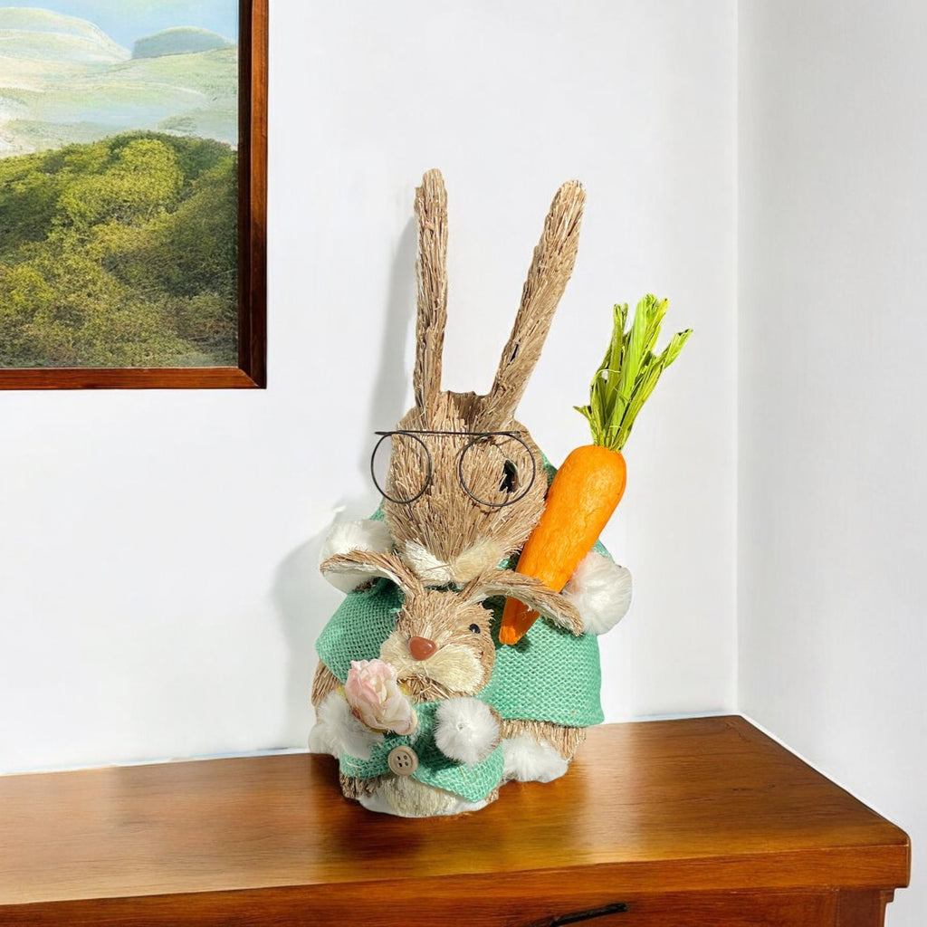 Mom & Baby Straw Easter Bunny Figurine