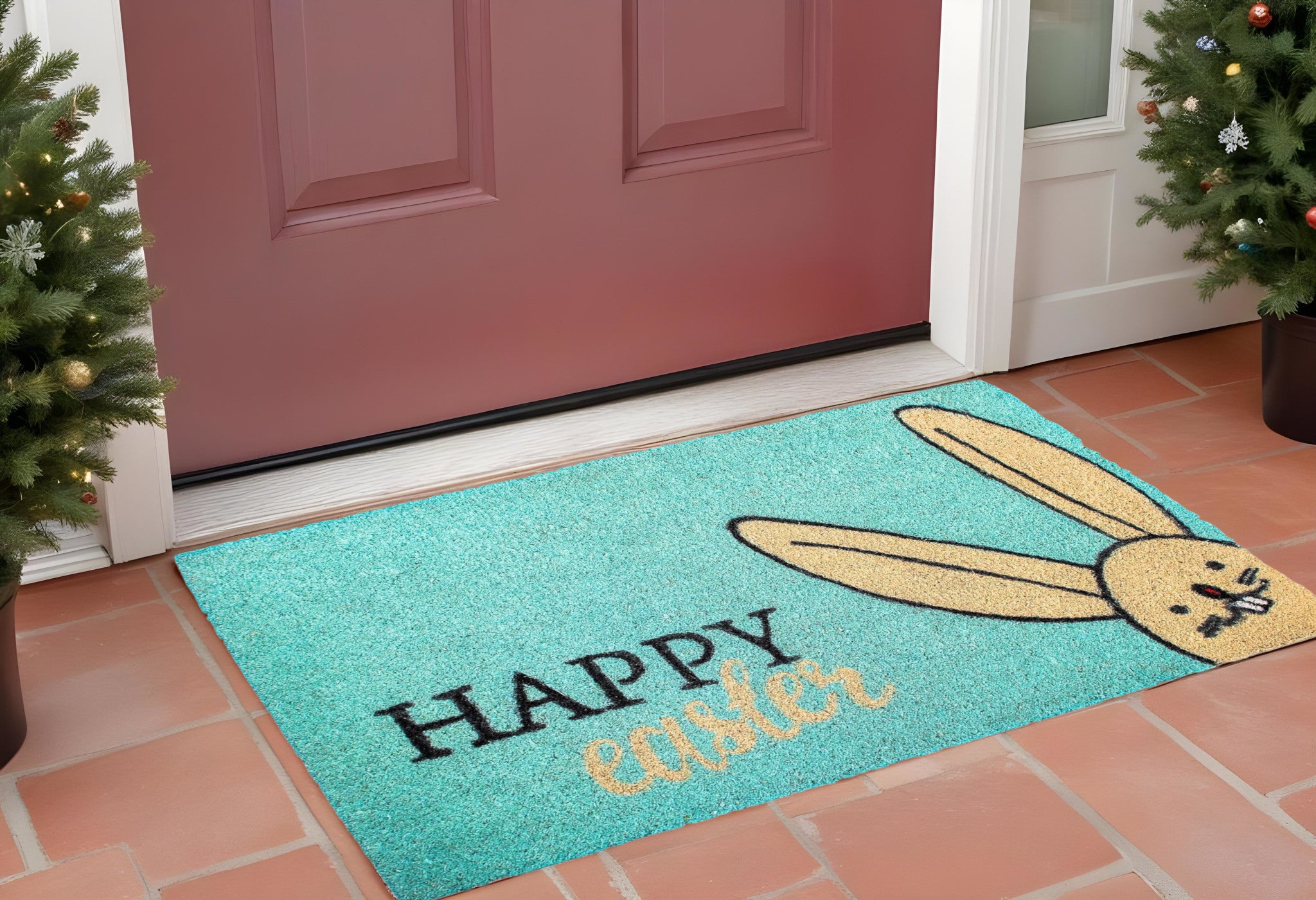 17" X 29" Aqua and Natural Coir Happy Easter Outdoor Easter Door Mat Main image