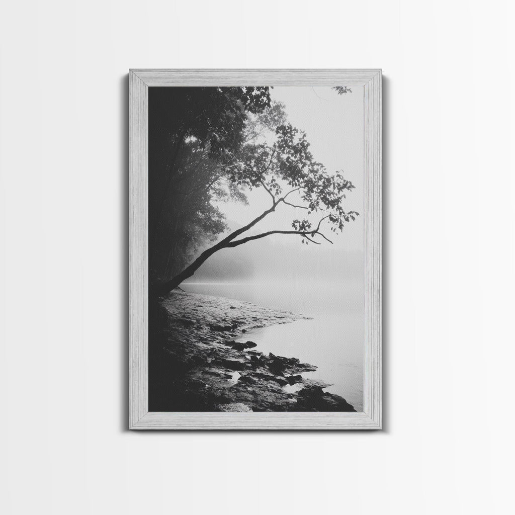 Misty Tree, Shoreline Fog, Forest Edge, Moody Atmosphere, Framed Canvas Print, Bedroom Wall Art, Autumn Woodland Style, Serene Nature Decor Gold Frame