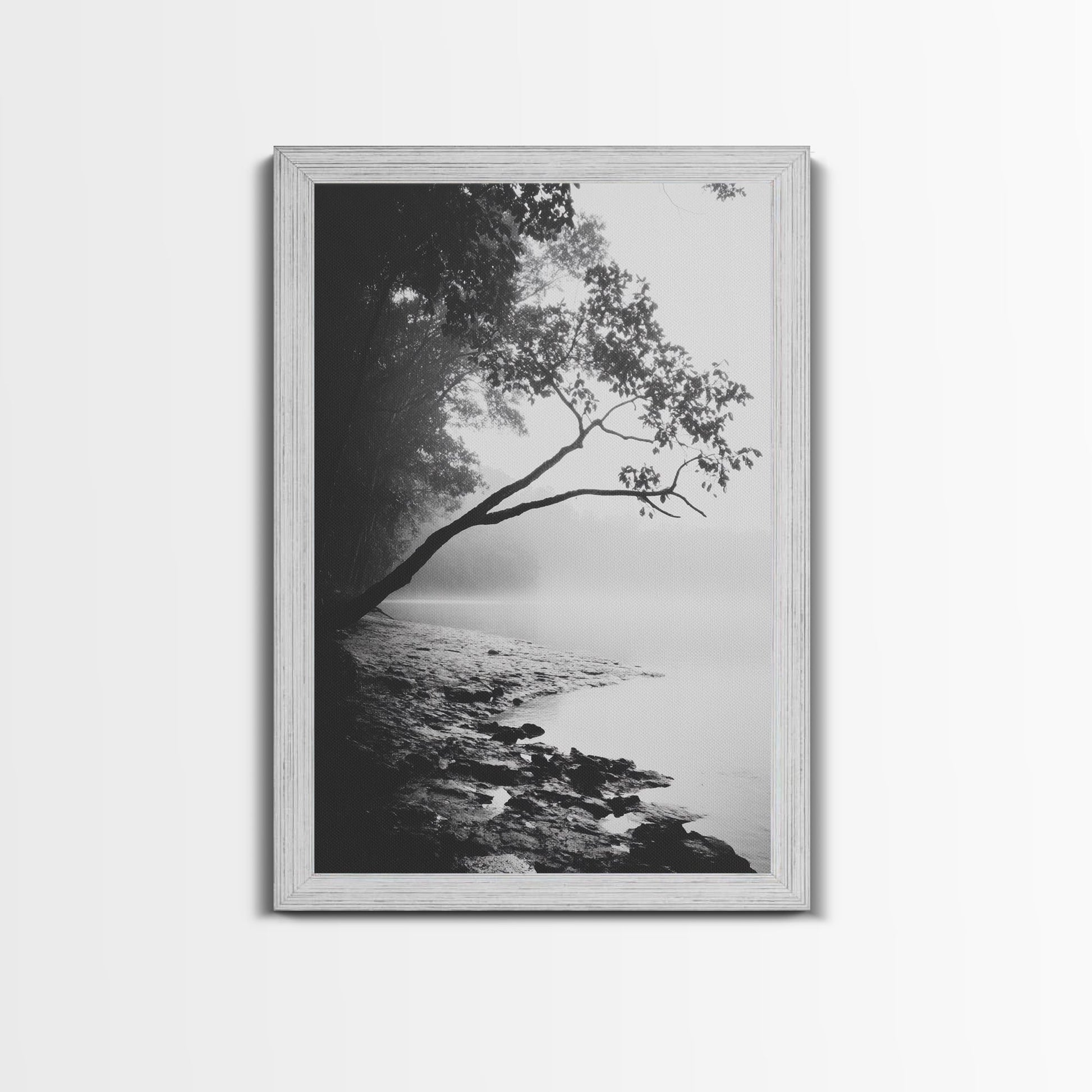 Misty Tree, Shoreline Fog, Forest Edge, Moody Atmosphere, Framed Canvas Print, Bedroom Wall Art, Autumn Woodland Style, Serene Nature Decor Shabby Chic Barnwood