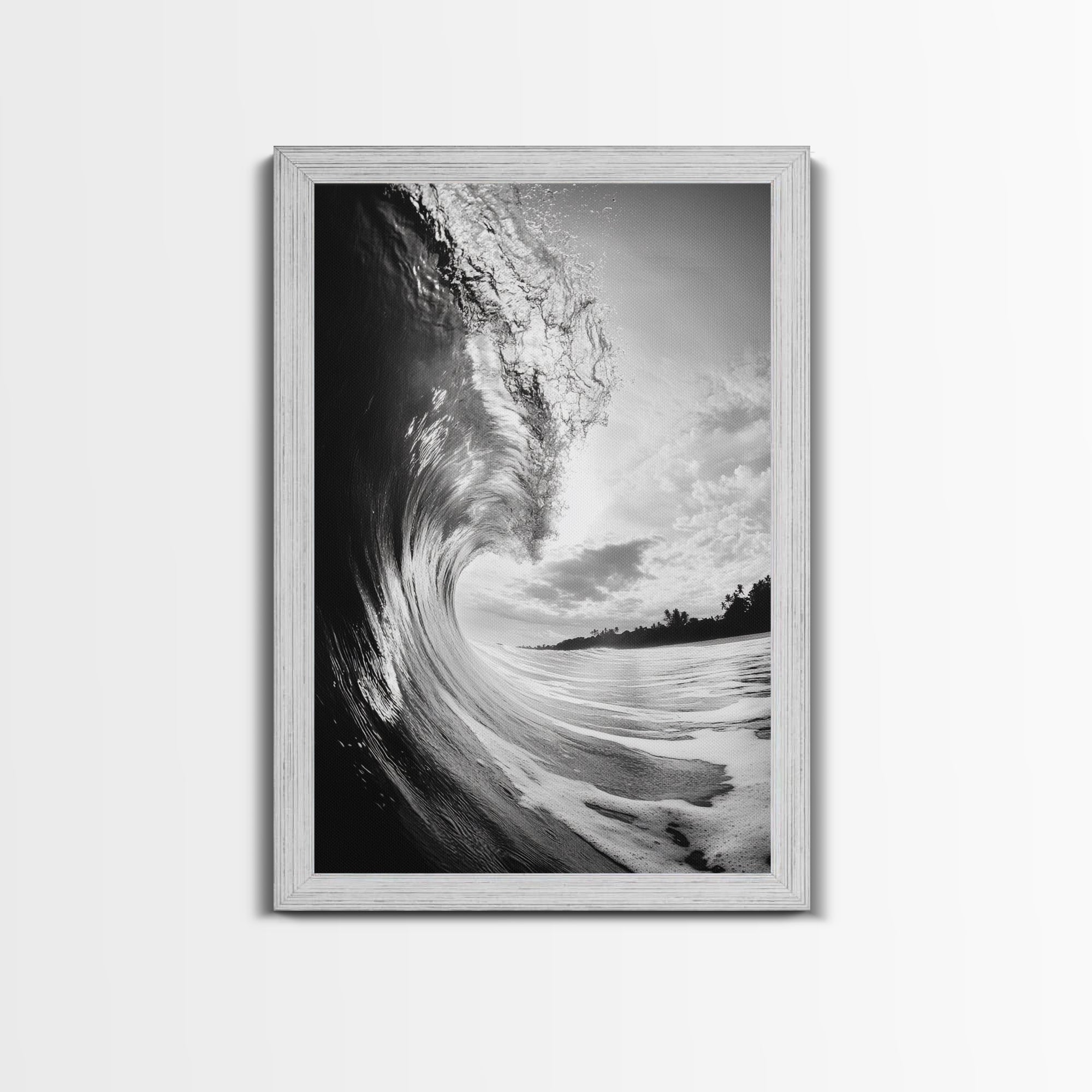Ocean Wave Curl, Sea Barrel Art, Surf Power Print, Framed Canvas Print, Bathroom Wall Art, Modern Beach Decor, Black White Seascape Gold Frame
