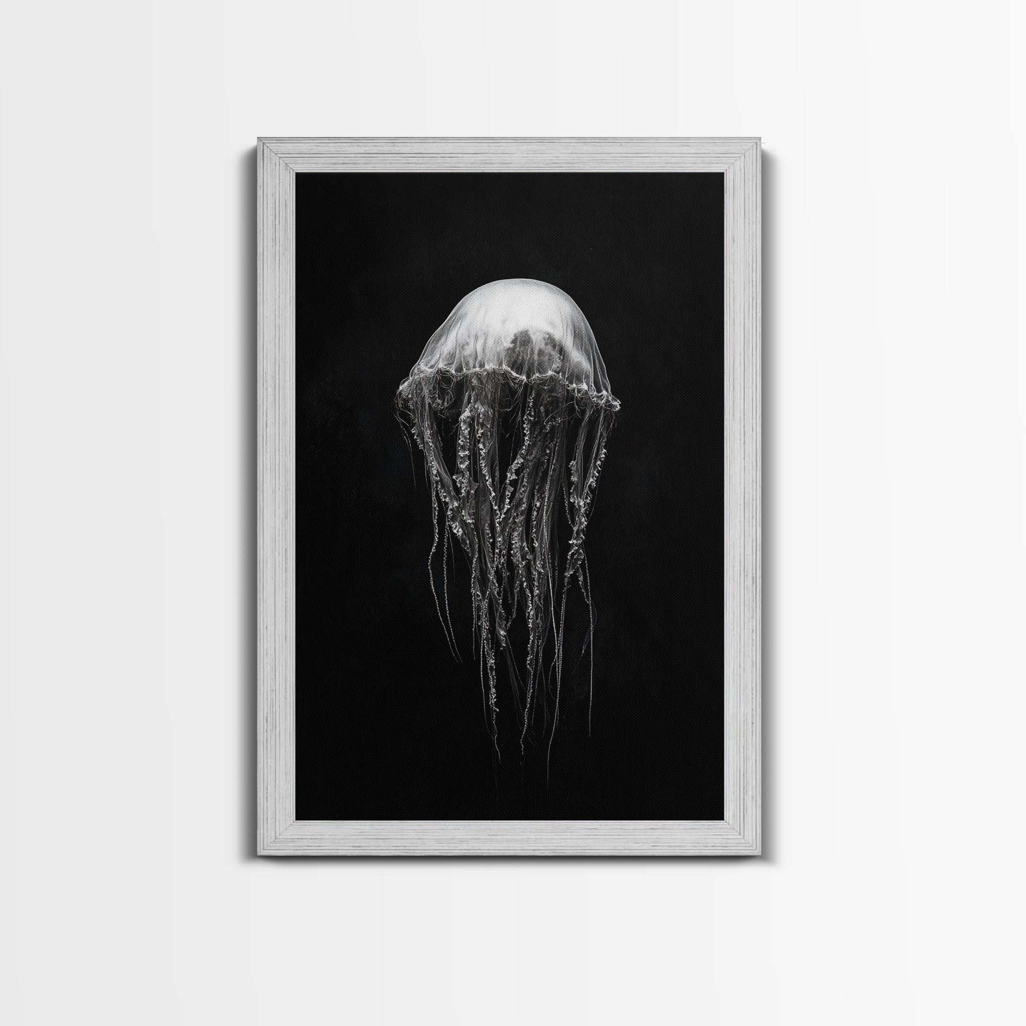 Elegant Jellyfish Art, Ocean Wildlife, Monochrome Marine, Framed Canvas Print, Bathroom Decor, Nautical Wall Art, Minimalist Sea Life Gold Frame