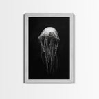 Elegant Jellyfish Art, Ocean Wildlife, Monochrome Marine, Framed Canvas Print, Bathroom Decor, Nautical Wall Art, Minimalist Sea Life Gold Frame