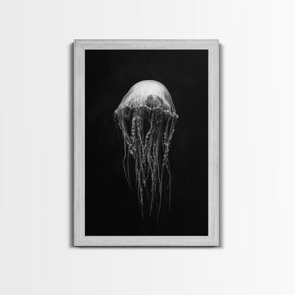 Elegant Jellyfish Art, Ocean Wildlife, Monochrome Marine, Framed Canvas Print, Bathroom Decor, Nautical Wall Art, Minimalist Sea Life Shabby Chic Barnwood
