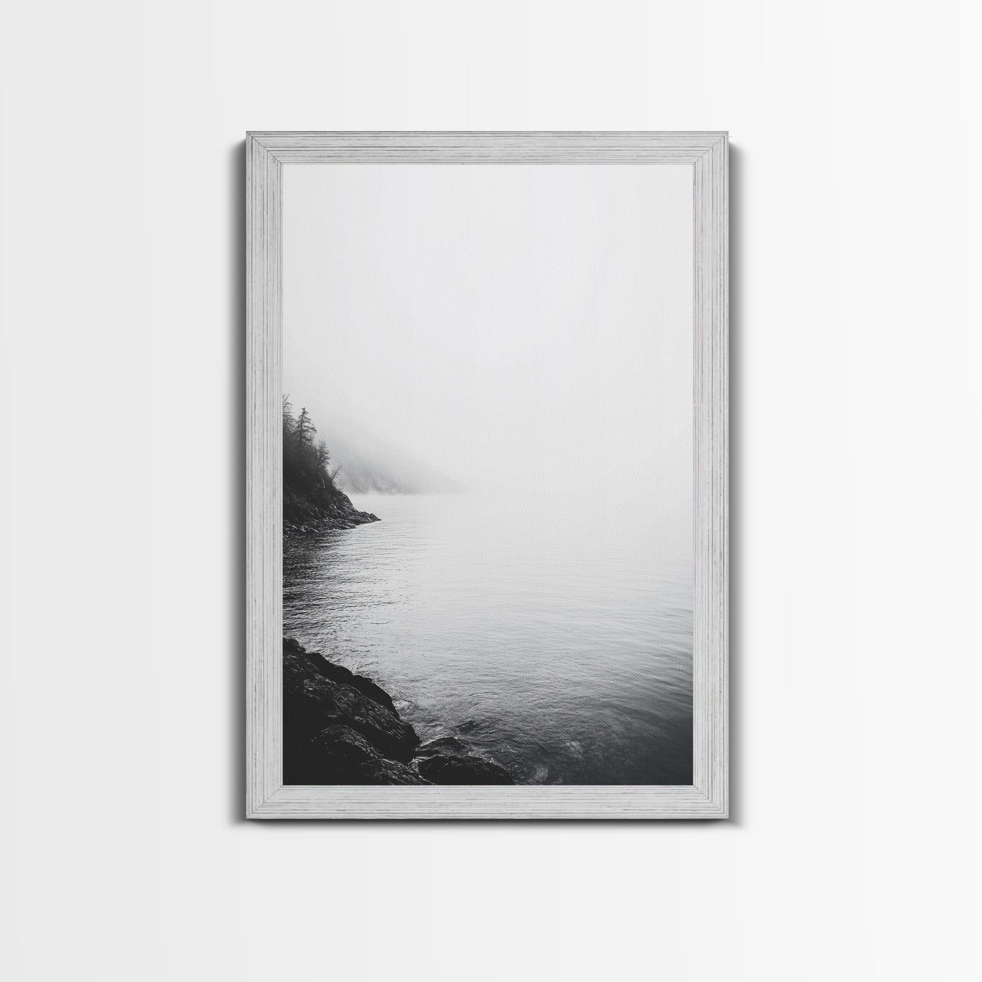 Misty Lakeshore, Foggy Forest Water, Monochrome Tranquility, Framed Canvas Print, Minimalist Art, Calm Landscape, Bedroom Wall Decor Gold Frame