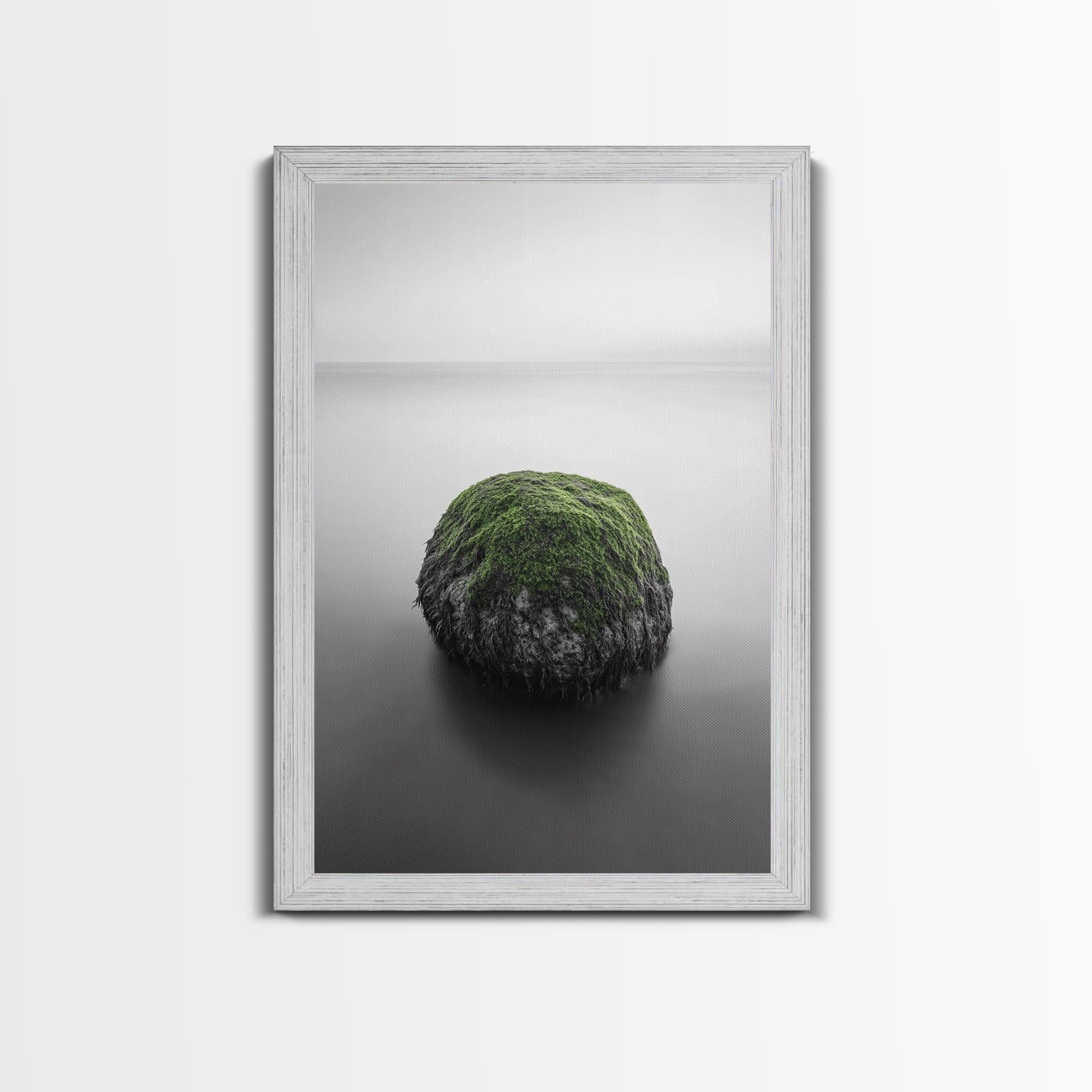 Moss Rock Minimal, Green Accent Art, Coastal Zen Decor, Framed Canvas Print, Modern Neutral Room, Nature Wall Aesthetic Gold Frame