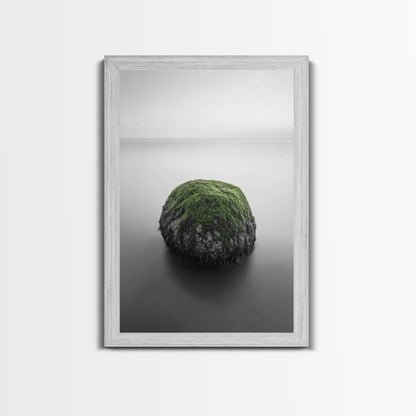Moss Rock Minimal, Green Accent Art, Coastal Zen Decor, Framed Canvas Print, Modern Neutral Room, Nature Wall Aesthetic Shabby Chic Barnwood