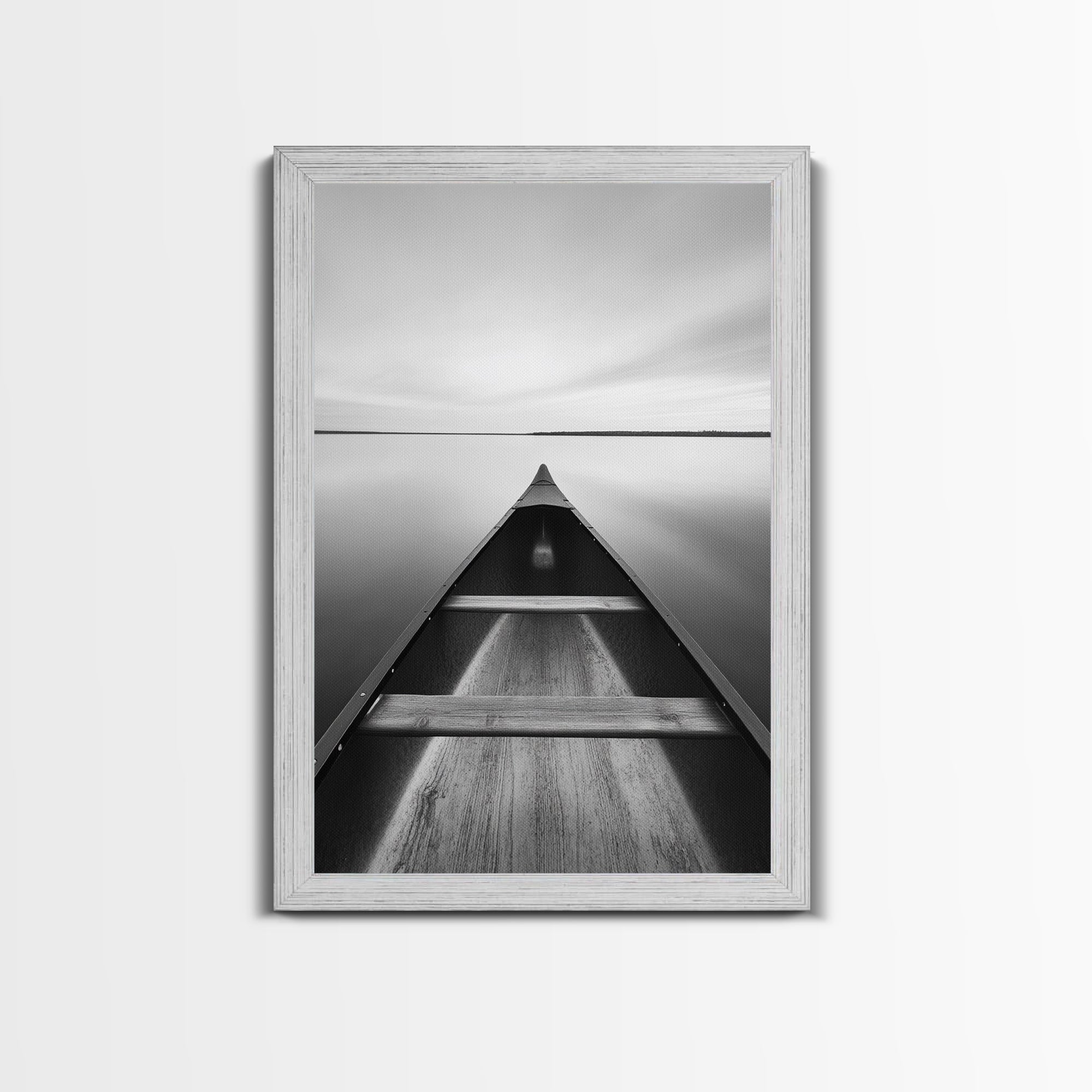Canoe, Lake, Calm, Horizon - Minimalist lake paddle scene, Framed Canvas Print, peaceful home office art, Scandinavian decor, wilderness print Gold Frame