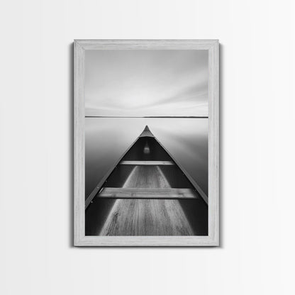 Canoe, Lake, Calm, Horizon - Minimalist lake paddle scene, Framed Canvas Print, peaceful home office art, Scandinavian decor, wilderness print Shabby Chic Barnwood