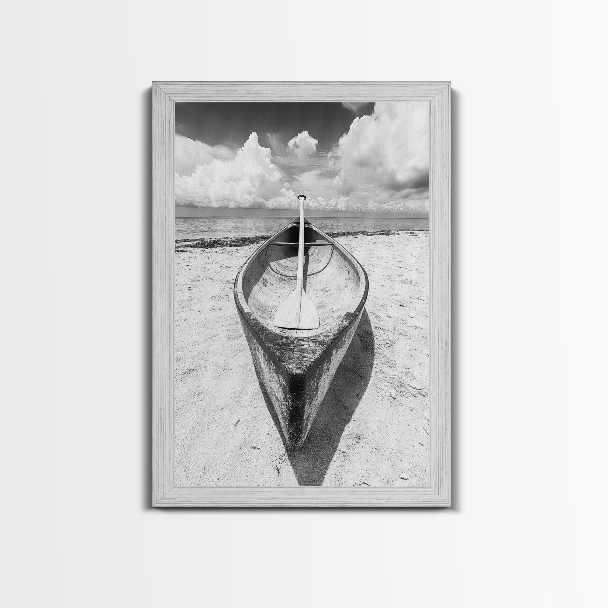 Paddle, Canoe, Beach, Clouds - Summer boating scene, Canvas Print, ideal bathroom or guestroom nautical art, rustic coastal boho wall decor Gold Frame