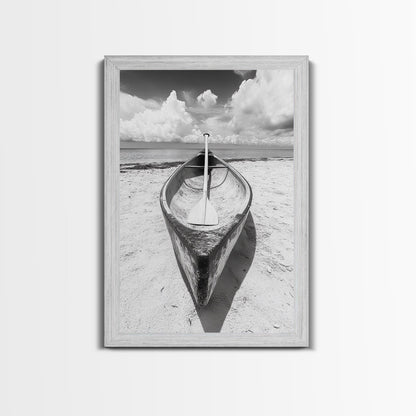 Paddle, Canoe, Beach, Clouds - Summer boating scene, Canvas Print, ideal bathroom or guestroom nautical art, rustic coastal boho wall decor Shabby Chic Barnwood