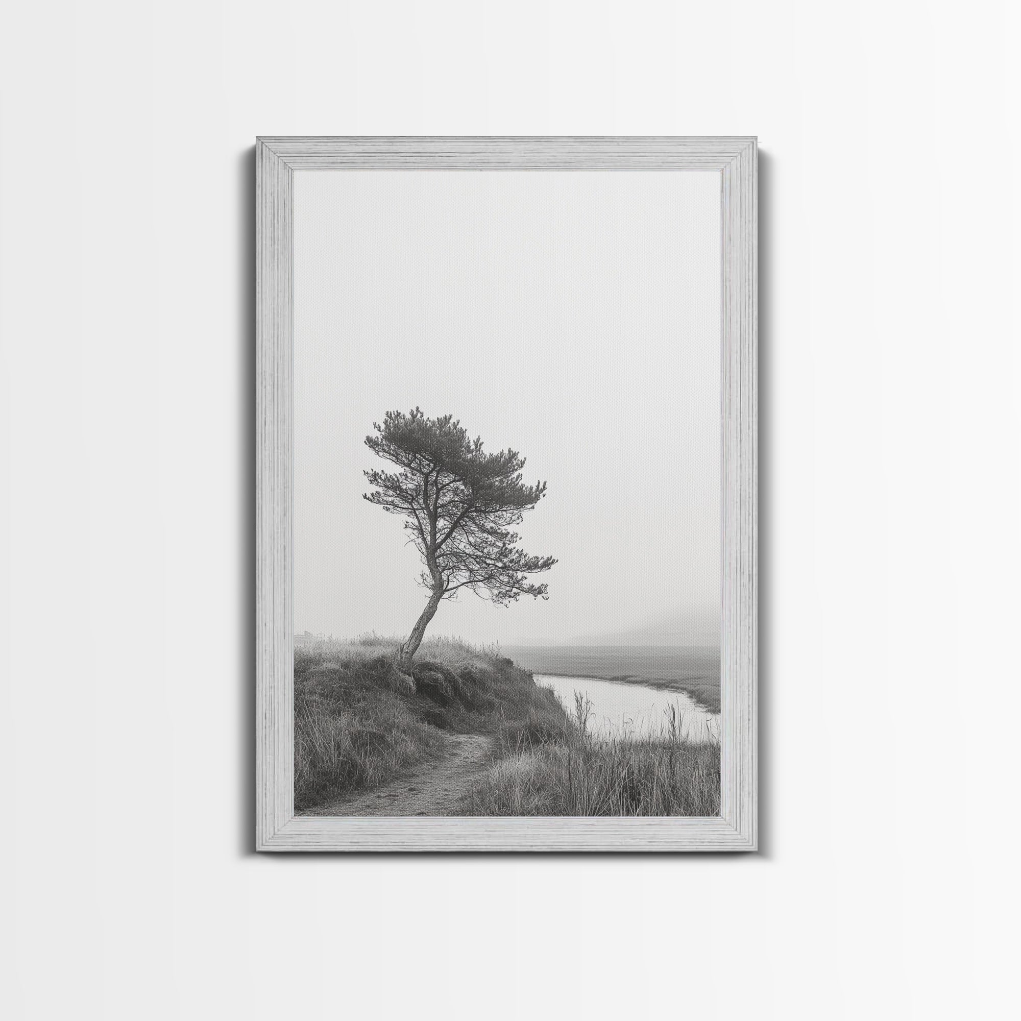 Leaning Tree Path, Soft Fog Scene, Calm Landscape, Canvas Print, Serene Entryway Wall Art, Nature Photography, Minimalist Decor Gold Frame