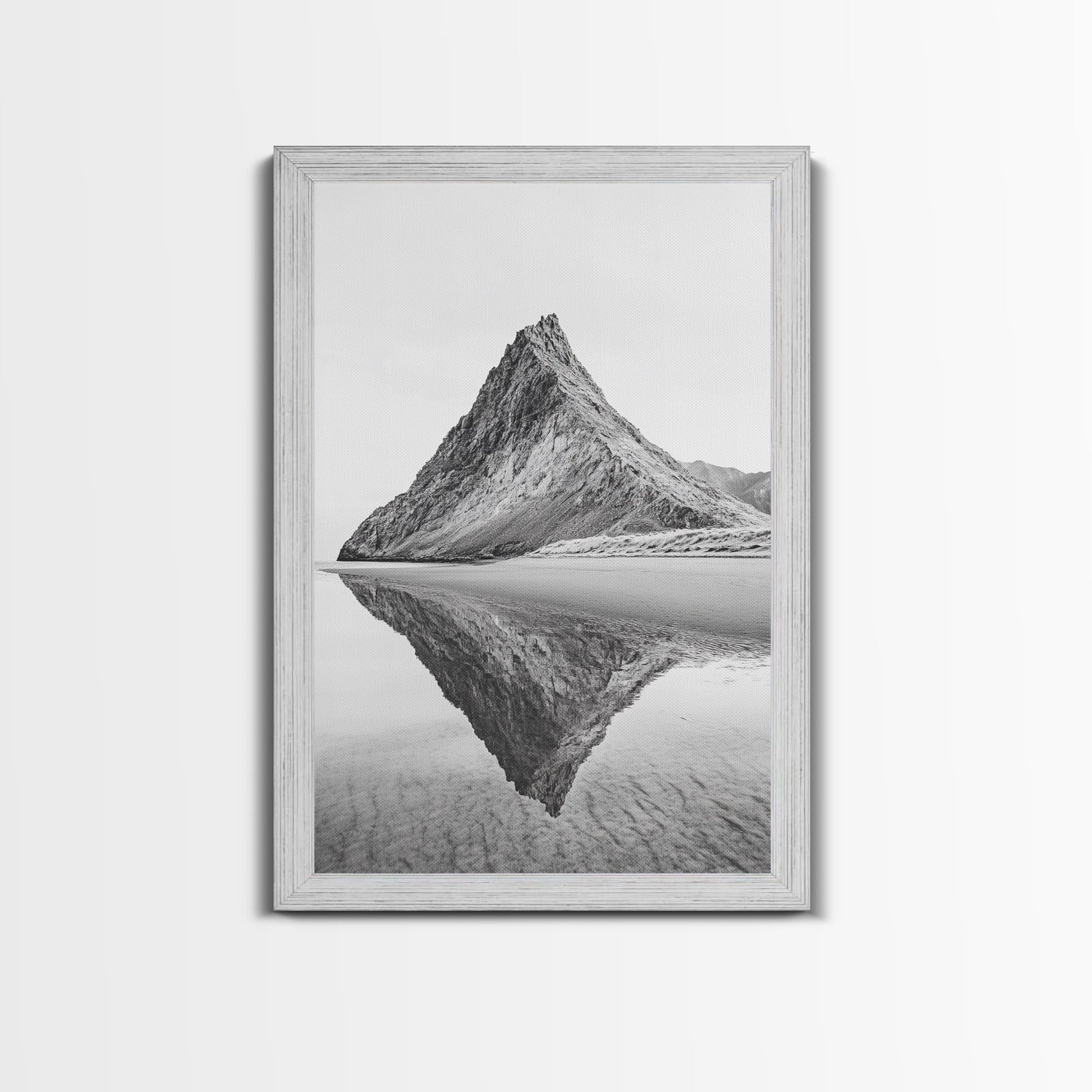 Mountain Mirror, Coastal Peak, Serene Beach, Canvas Print, Minimalist Landscape Art, Modern Living Room Wall Decor, Monochrome Nature Style Shabby Chic Barnwood