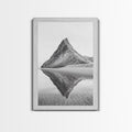 Mountain Mirror, Coastal Peak, Serene Beach, Canvas Print, Minimalist Landscape Art, Modern Living Room Wall Decor, Monochrome Nature Style Gold Frame
