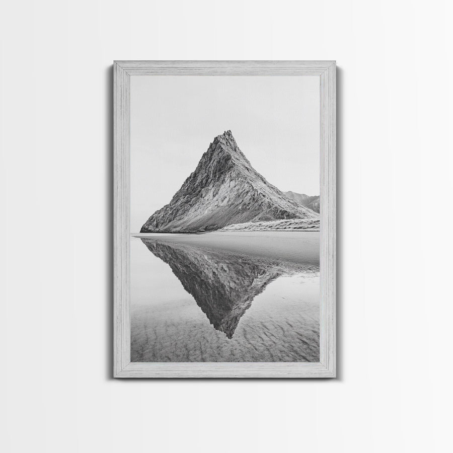 Mountain Mirror, Coastal Peak, Serene Beach, Canvas Print, Minimalist Landscape Art, Modern Living Room Wall Decor, Monochrome Nature Style Gold Frame