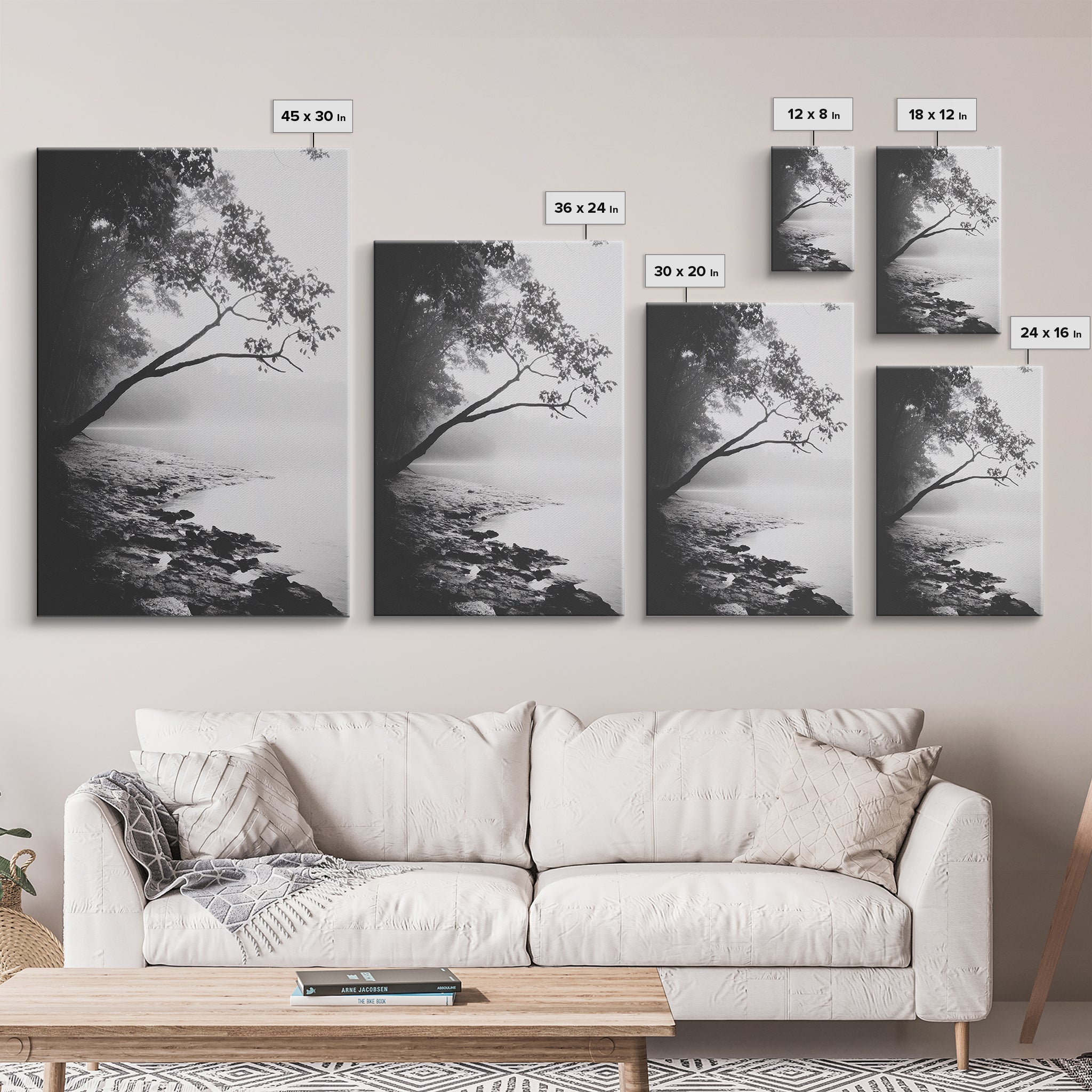 Misty Tree, Shoreline Fog, Forest Edge, Moody Atmosphere, Framed Canvas Print, Bedroom Wall Art, Autumn Woodland Style, Serene Nature Decor