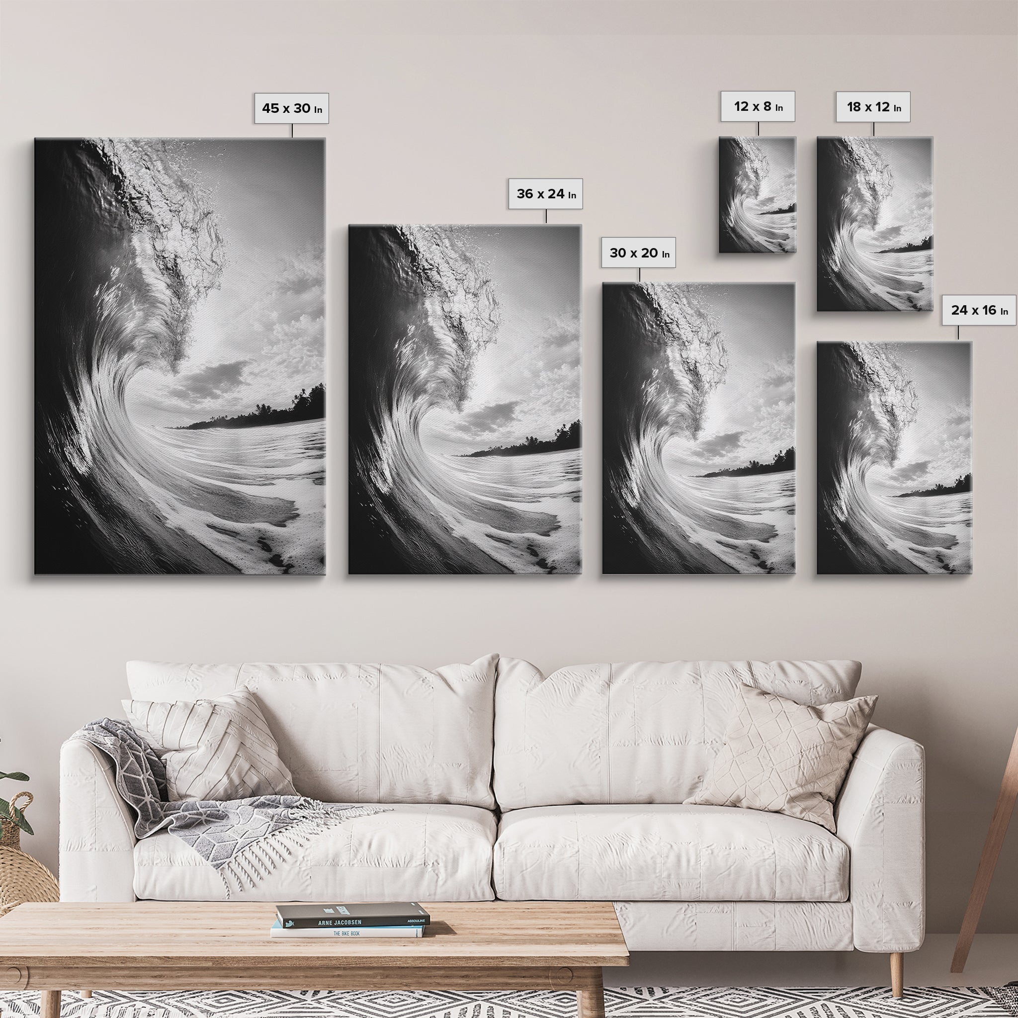 Ocean Wave Curl, Sea Barrel Art, Surf Power Print, Framed Canvas Print, Bathroom Wall Art, Modern Beach Decor, Black White Seascape