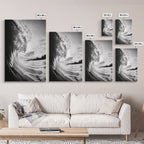 Ocean Wave Curl, Sea Barrel Art, Surf Power Print, Framed Canvas Print, Bathroom Wall Art, Modern Beach Decor, Black White Seascape