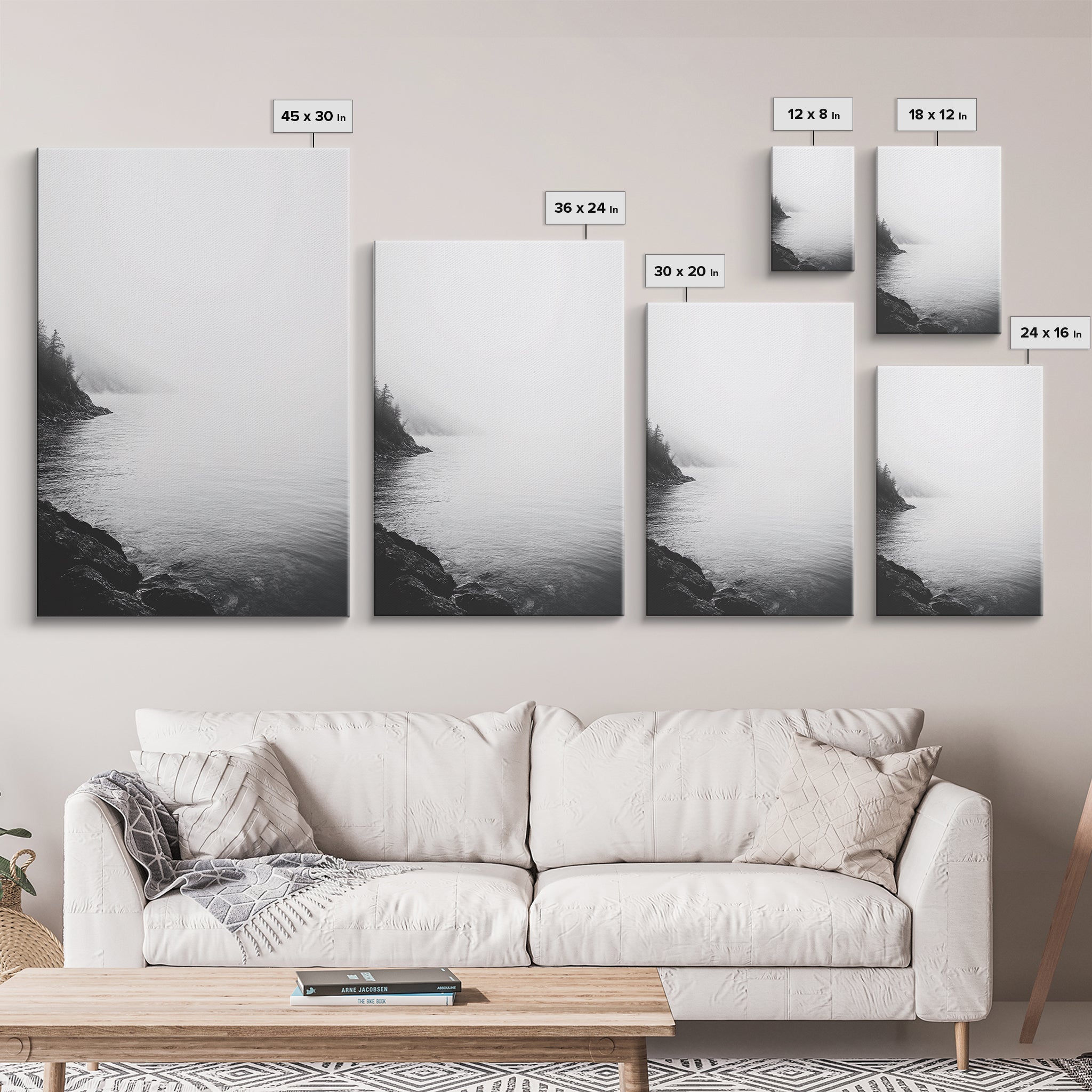 Misty Lakeshore, Foggy Forest Water, Monochrome Tranquility, Framed Canvas Print, Minimalist Art, Calm Landscape, Bedroom Wall Decor