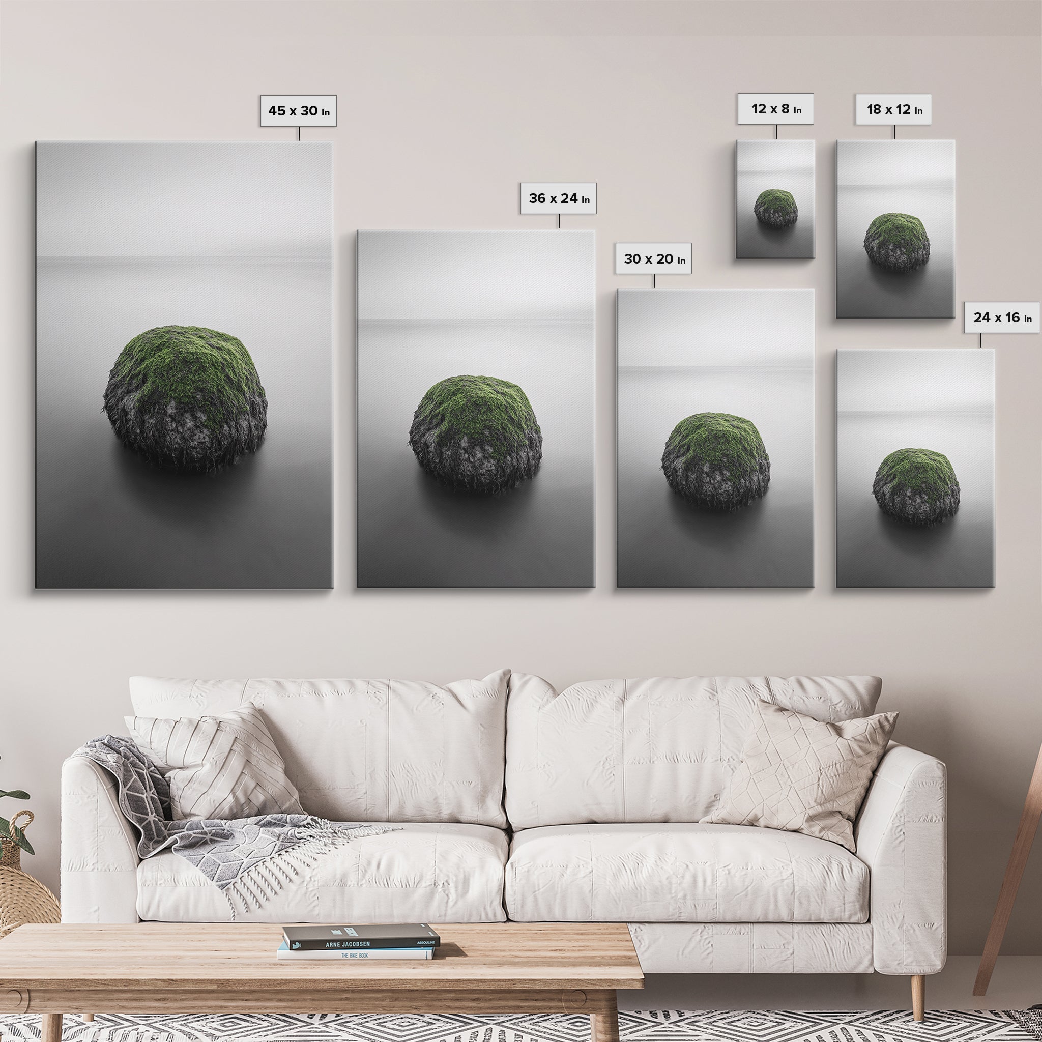Moss Rock Minimal, Green Accent Art, Coastal Zen Decor, Framed Canvas Print, Modern Neutral Room, Nature Wall Aesthetic