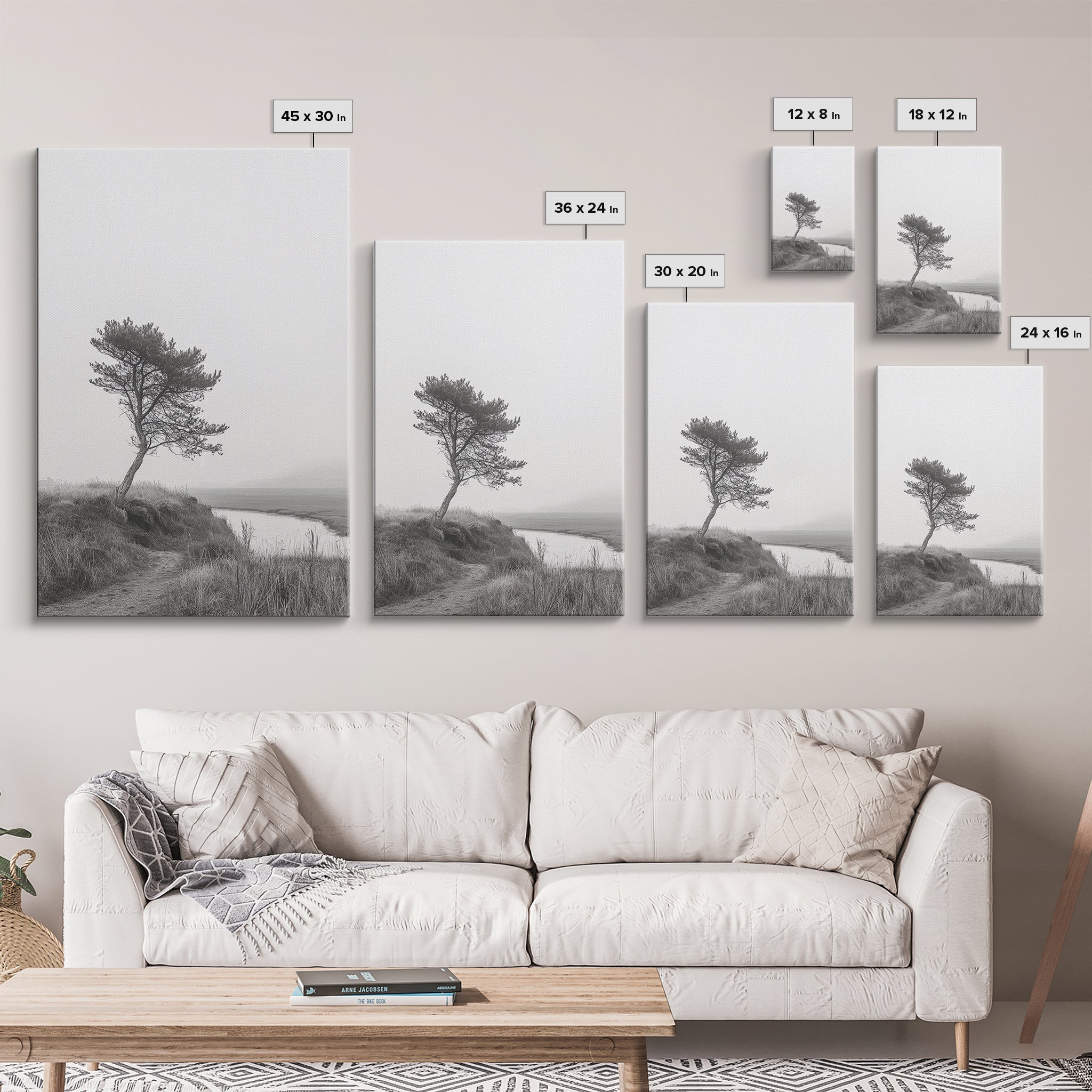 Leaning Tree Path, Soft Fog Scene, Calm Landscape, Canvas Print, Serene Entryway Wall Art, Nature Photography, Minimalist Decor