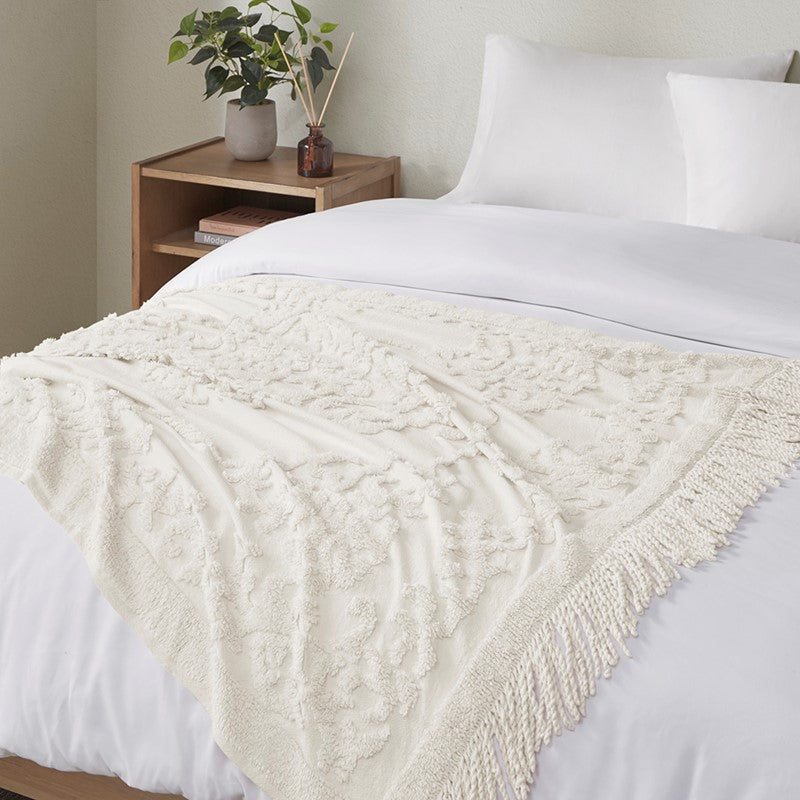 Chloe 100% Cotton Tufted Chenille Lightweight Throw with Fringe Tassel