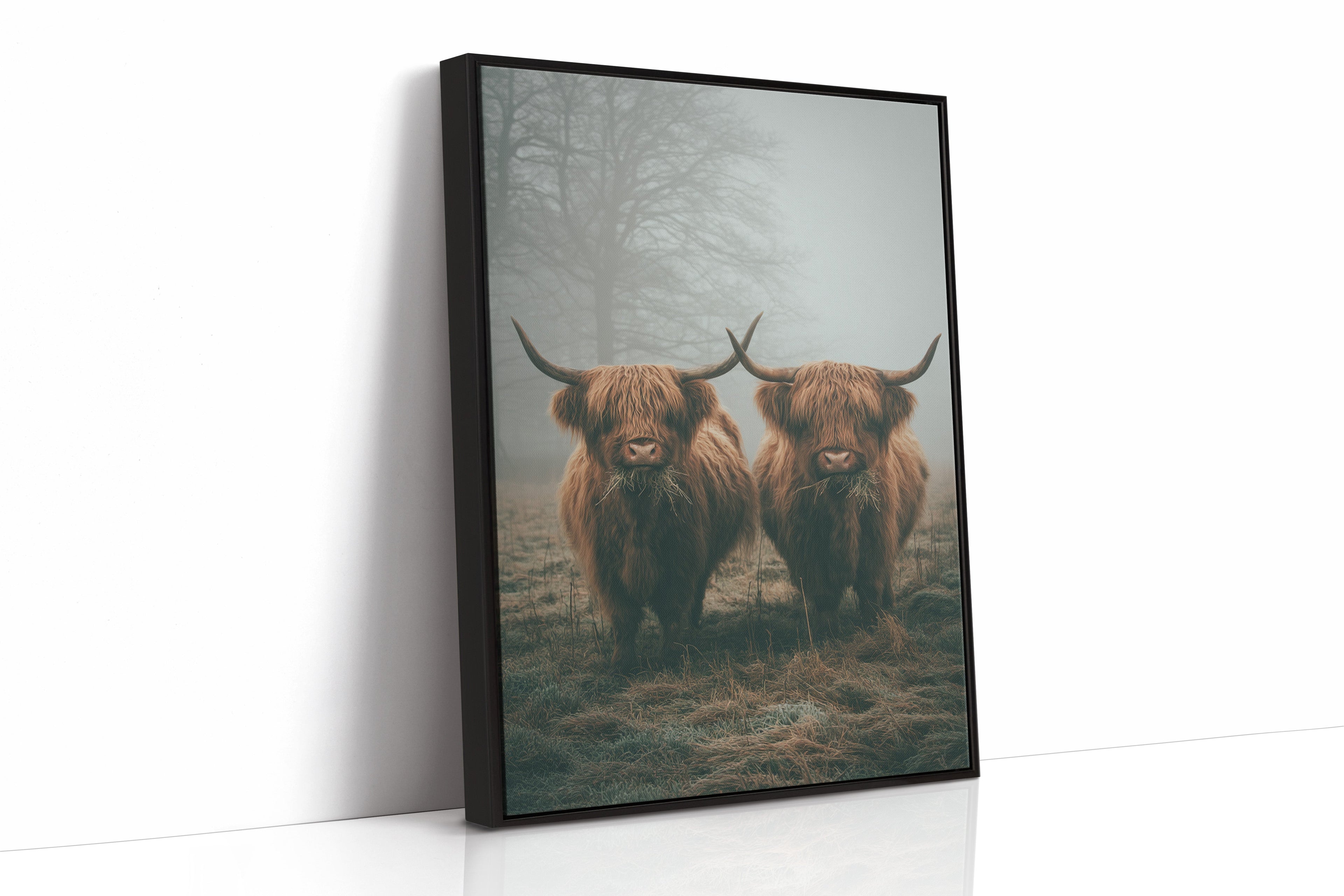 Gentle Giants Beneath Misty Skies Black Framed Canvas
