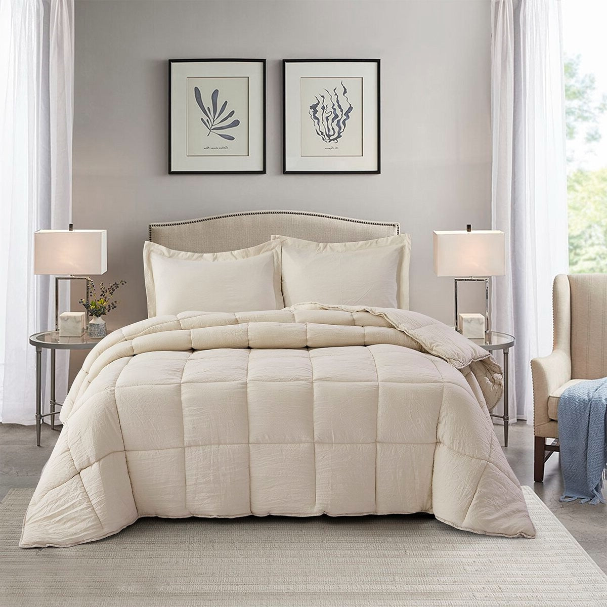 Queen Size Beige 3 Piece Microfiber Reversible Comforter Set Main image