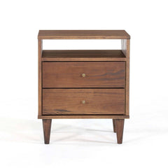 Farmhouse Rustic Walnut Mid Century 2 Drawer Nightstand