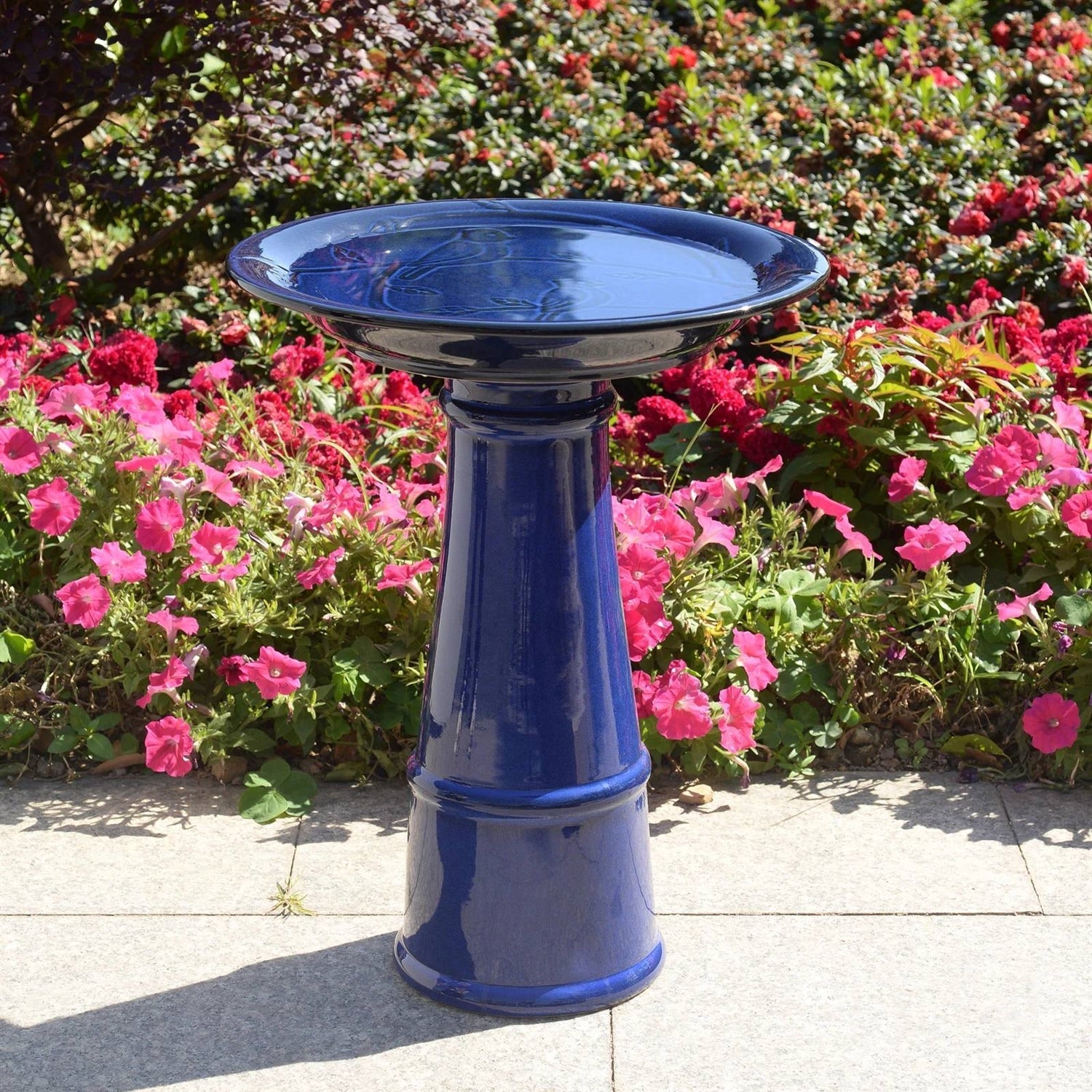 Blue Ceramic Birdbath with 1/2 Gallon Water Basin and Bird Branch Leaf Detailing Main image