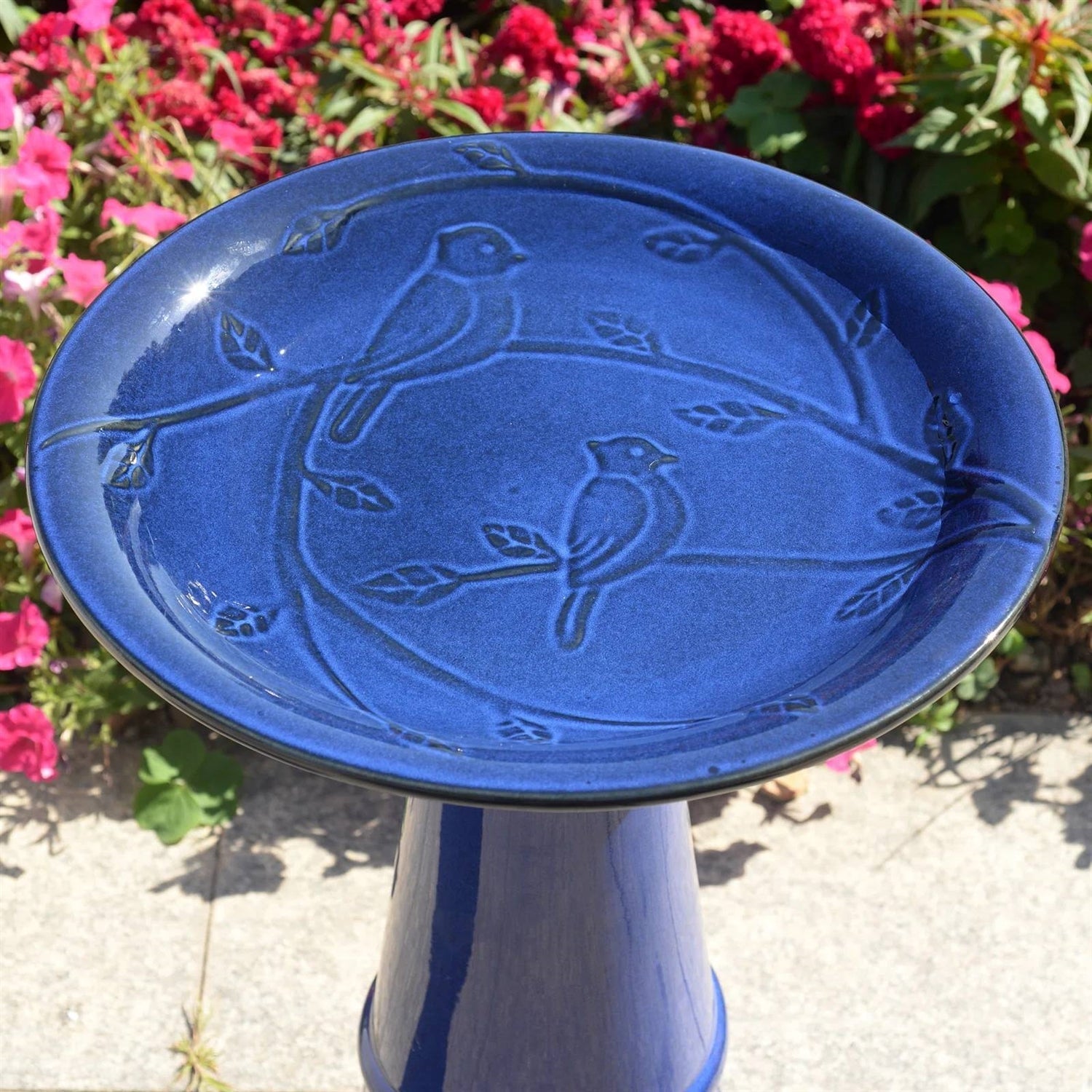 Blue Ceramic Birdbath with 1/2 Gallon Water Basin and Bird Branch Leaf Detailing Secondary image