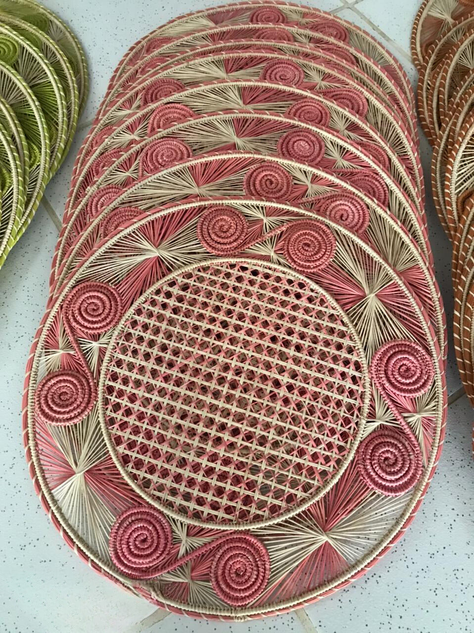 Caracol Handwoven Iraca Placemat Natural Palm with Color Accents Blush Pink