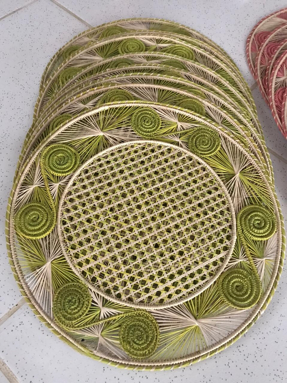 Caracol Handwoven Iraca Placemat Natural Palm with Color Accents Light Green