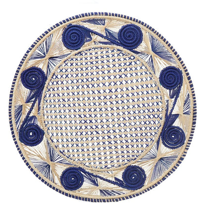 Caracol Handwoven Iraca Placemat Natural Palm with Color Accents Navy Blue