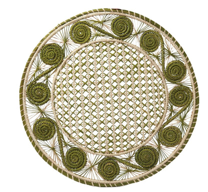 Caracol Handwoven Iraca Placemat Natural Palm with Color Accents Dark Green