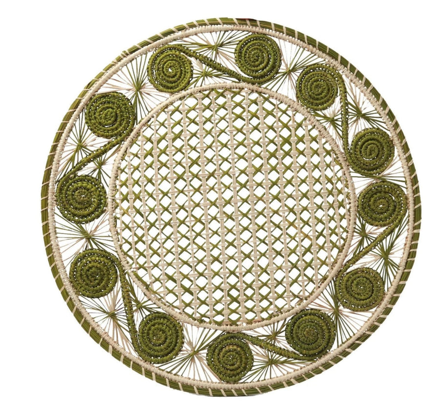 Caracol Handwoven Iraca Placemat Natural Palm with Color Accents Dark Green