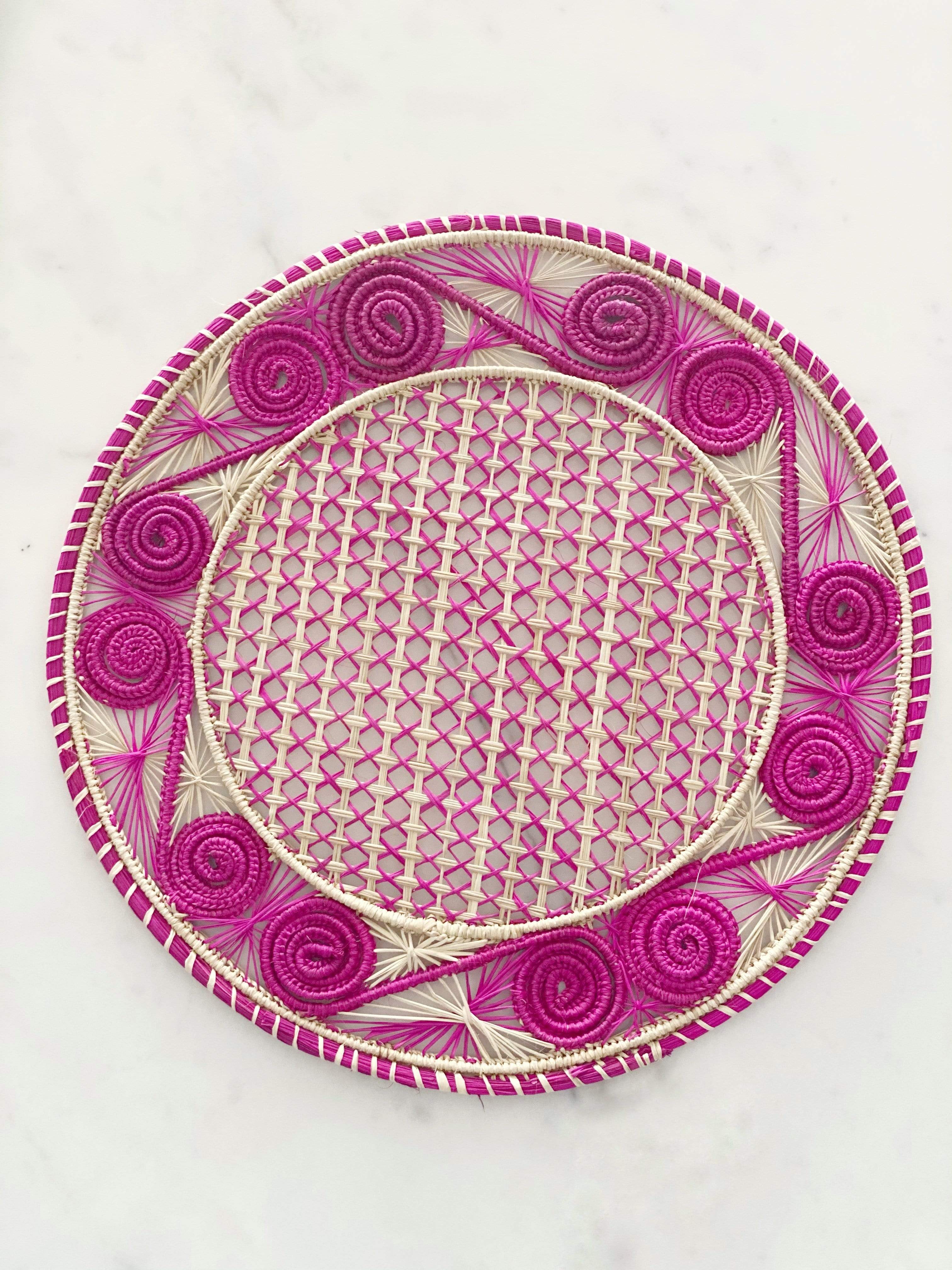 Caracol Handwoven Iraca Placemat Natural Palm with Color Accents Hot Pink