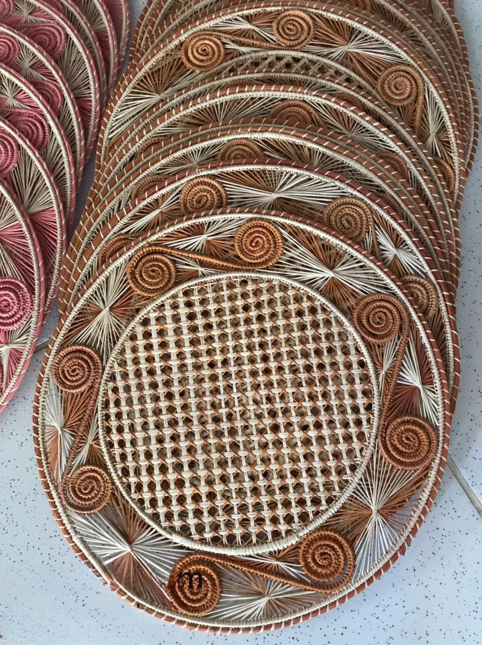 Caracol Handwoven Iraca Placemat Natural Palm with Color Accents Tan